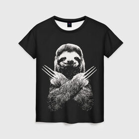 Женская футболка 3D с принтом Slotherine в Тюмени, 100% полиэфир ( синтетическое хлопкоподобное полотно) | прямой крой, круглый вырез горловины, длина до линии бедер | Тематика изображения на принте: animals | wolverine | ленивец | росомаха