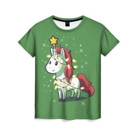 Женская футболка 3D с принтом Magical Unicorn в Тюмени, 100% полиэфир ( синтетическое хлопкоподобное полотно) | прямой крой, круглый вырез горловины, длина до линии бедер | 202 | christmas | new year | unicorn | гирлянда | единорог | елка | новый год | праздник | рождество