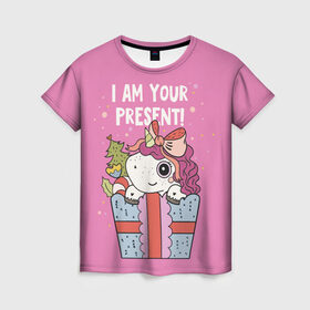 Женская футболка 3D с принтом I am your Present в Тюмени, 100% полиэфир ( синтетическое хлопкоподобное полотно) | прямой крой, круглый вырез горловины, длина до линии бедер | 202 | christmas | new year | unicorn | гирлянда | единорог | елка | новый год | подарок | праздник | рождество