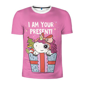 Мужская футболка 3D спортивная с принтом I am your Present в Тюмени, 100% полиэстер с улучшенными характеристиками | приталенный силуэт, круглая горловина, широкие плечи, сужается к линии бедра | 202 | christmas | new year | unicorn | гирлянда | единорог | елка | новый год | подарок | праздник | рождество