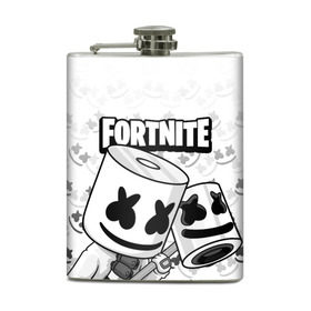 Фляга с принтом FORTNITE MARSHMELLO в Тюмени, металлический корпус | емкость 0,22 л, размер 125 х 94 мм. Виниловая наклейка запечатывается полностью | Тематика изображения на принте: chapter 2 | fortnite | marshmello | диджей | игры | маршмэллоу | молоток | фортнайт