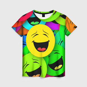 Женская футболка 3D с принтом Эмодзи смайлы в Тюмени, 100% полиэфир ( синтетическое хлопкоподобное полотно) | прямой крой, круглый вырез горловины, длина до линии бедер | emoji | настроение | позитив | смайлики | смайлы | стикеры | текстура смайл | улыбки | фон смайл | эмодзи