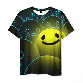 Мужская футболка 3D с принтом НЕОНОВЫЕ СМАЙЛЫ в Тюмени, 100% полиэфир | прямой крой, круглый вырез горловины, длина до линии бедер | emoji | настроение | позитив | смайлики | смайлы | стикеры | текстура смайл | улыбки | фон смайл | эмодзи