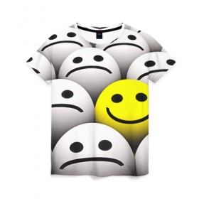 Женская футболка 3D с принтом EMOJI 2019 в Тюмени, 100% полиэфир ( синтетическое хлопкоподобное полотно) | прямой крой, круглый вырез горловины, длина до линии бедер | emoji | настроение | позитив | смайлики | смайлы | стикеры | текстура смайл | улыбки | фон смайл | эмодзи