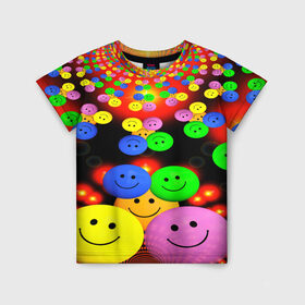 Детская футболка 3D с принтом ЦВЕТНЫЕ СМАЙЛИКИ в Тюмени, 100% гипоаллергенный полиэфир | прямой крой, круглый вырез горловины, длина до линии бедер, чуть спущенное плечо, ткань немного тянется | emoji | настроение | позитив | смайлики | смайлы | стикеры | текстура смайл | улыбки | фон смайл | эмодзи