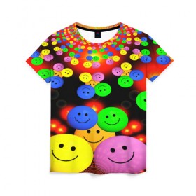 Женская футболка 3D с принтом ЦВЕТНЫЕ СМАЙЛИКИ в Тюмени, 100% полиэфир ( синтетическое хлопкоподобное полотно) | прямой крой, круглый вырез горловины, длина до линии бедер | emoji | настроение | позитив | смайлики | смайлы | стикеры | текстура смайл | улыбки | фон смайл | эмодзи