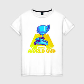 Женская футболка хлопок с принтом WORLD CUP FORTNITE в Тюмени, 100% хлопок | прямой крой, круглый вырез горловины, длина до линии бедер, слегка спущенное плечо | 11 сезон | 2 часть | cup | fort | fortnite | fortnite 2 | season 11 | world | worldcup | битва | ворлд | кап | королевская | форт | фортнайт