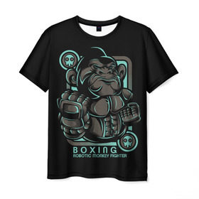 Мужская футболка 3D с принтом Gorilla fighter в Тюмени, 100% полиэфир | прямой крой, круглый вырез горловины, длина до линии бедер | boxing | cool | fighter | fist | glove | gorilla | monkey | power | punch | robot | боец | бокс | горилла | крутая | кулак | обезьяна | перчатка | робот | сила | удар