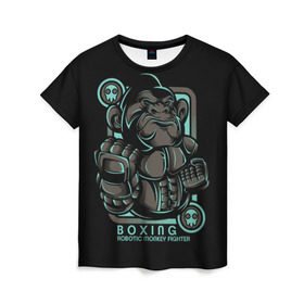 Женская футболка 3D с принтом Gorilla fighter в Тюмени, 100% полиэфир ( синтетическое хлопкоподобное полотно) | прямой крой, круглый вырез горловины, длина до линии бедер | boxing | cool | fighter | fist | glove | gorilla | monkey | power | punch | robot | боец | бокс | горилла | крутая | кулак | обезьяна | перчатка | робот | сила | удар