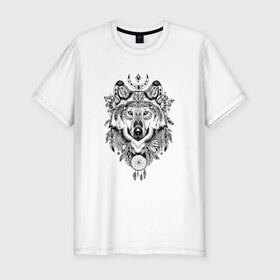 Мужская футболка премиум с принтом Волк в Тюмени, 92% хлопок, 8% лайкра | приталенный силуэт, круглый вырез ворота, длина до линии бедра, короткий рукав | Тематика изображения на принте: волк | ловец снов | перья | сон