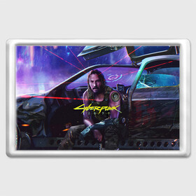 Магнит 45*70 с принтом CYBERPUNK 2077 - КИАНУ в Тюмени, Пластик | Размер: 78*52 мм; Размер печати: 70*45 | Тематика изображения на принте: 2077 | cyber | cyberpunk | demon | glitch | keanu | logo | punk | reeves | samurai | symbol | team | trauma | глитч | демон | киану | кибер | киберпанк | клан | лого | логотип | огонь | панк | ривз | самурай | символ