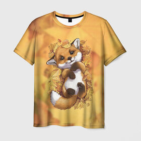 Мужская футболка 3D с принтом Осенний лисёнок в Тюмени, 100% полиэфир | прямой крой, круглый вырез горловины, длина до линии бедер | Тематика изображения на принте: fox | лис | лиса | лисёнок | лисичка | листва | листья | осень | рыжая