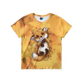 Детская футболка 3D с принтом Осенний лисёнок в Тюмени, 100% гипоаллергенный полиэфир | прямой крой, круглый вырез горловины, длина до линии бедер, чуть спущенное плечо, ткань немного тянется | fox | лис | лиса | лисёнок | лисичка | листва | листья | осень | рыжая
