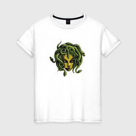 Женская футболка хлопок с принтом Медуза Горгона в Тюмени, 100% хлопок | прямой крой, круглый вырез горловины, длина до линии бедер, слегка спущенное плечо | горгона | змеи | медуза горгона | мистика | монстер | существо