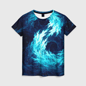 Женская футболка 3D с принтом Abstract fractal blue flame в Тюмени, 100% полиэфир ( синтетическое хлопкоподобное полотно) | прямой крой, круглый вырез горловины, длина до линии бедер | abstract | colors | dark | flame | fractal | space | абстракция | космос | краски | огонь | пламя | тёмный | фрактал