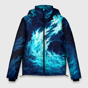 Мужская зимняя куртка 3D с принтом Abstract fractal blue flame в Тюмени, верх — 100% полиэстер; подкладка — 100% полиэстер; утеплитель — 100% полиэстер | длина ниже бедра, свободный силуэт Оверсайз. Есть воротник-стойка, отстегивающийся капюшон и ветрозащитная планка. 

Боковые карманы с листочкой на кнопках и внутренний карман на молнии. | Тематика изображения на принте: abstract | colors | dark | flame | fractal | space | абстракция | космос | краски | огонь | пламя | тёмный | фрактал