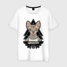 Мужская футболка хлопок с принтом кот сфинкс гангстер в Тюмени, 100% хлопок | прямой крой, круглый вырез горловины, длина до линии бедер, слегка спущенное плечо. | гангста | гангстер | кот | крутой | стиль | сфинкс