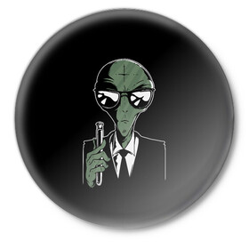 Значок с принтом Пришелец в Черном в Тюмени,  металл | круглая форма, металлическая застежка в виде булавки | alien | men in black | ufo | инопланетяне | инопланетянин | люди в черном | нло | пришелец | пришельцы