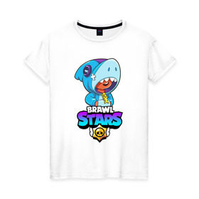 Женская футболка хлопок с принтом BRAWL STARS LEON SHARK в Тюмени, 100% хлопок | прямой крой, круглый вырез горловины, длина до линии бедер, слегка спущенное плечо | brawl stars | bull | colt | crow | leon | leon shark | shark | stars | акула | берли | ворон | динамайк | кольт | леон | леон акула | нита | спайк | шелли | эль примо