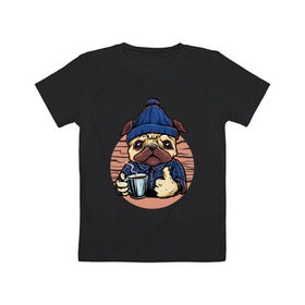 Детская футболка хлопок с принтом Мопс с кофе в Тюмени, 100% хлопок | круглый вырез горловины, полуприлегающий силуэт, длина до линии бедер | Тематика изображения на принте: cofe | coffe | coffee | кофе | кофеин | мопс