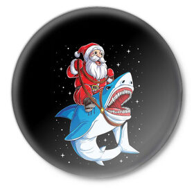 Значок с принтом Санта и акула в Тюмени,  металл | круглая форма, металлическая застежка в виде булавки | bells | christmas | claus | jingle | merry | santa | vevo | год | дед | клаус | мороз | новый | олени | олень | рождество | санта | снеговик | снежинки | узор