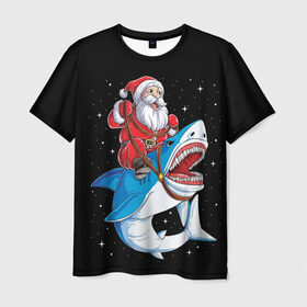 Мужская футболка 3D с принтом Санта и акула в Тюмени, 100% полиэфир | прямой крой, круглый вырез горловины, длина до линии бедер | bells | christmas | claus | jingle | merry | santa | vevo | год | дед | клаус | мороз | новый | олени | олень | рождество | санта | снеговик | снежинки | узор