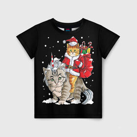 Детская футболка 3D с принтом Санта и кот единорог в Тюмени, 100% гипоаллергенный полиэфир | прямой крой, круглый вырез горловины, длина до линии бедер, чуть спущенное плечо, ткань немного тянется | Тематика изображения на принте: 