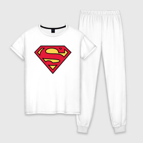 Женская пижама хлопок с принтом Superman logo в Тюмени, 100% хлопок | брюки и футболка прямого кроя, без карманов, на брюках мягкая резинка на поясе и по низу штанин | clark kent | superman | кларк кент | супермен | супермэн