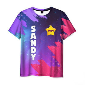 Мужская футболка 3D с принтом BRAWL STARS - SANDY в Тюмени, 100% полиэфир | прямой крой, круглый вырез горловины, длина до линии бедер | brawl | bull | colt | crow | game | games | leon | online | penny | poco | sandy | shelly | spike | star | stars | wanted | брав | бравл | браво | звезда | звезды | игра | игры | лого | онлайн | сенди | старс | сэнди