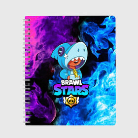 Тетрадь с принтом BRAWL STARS LEON SHARK в Тюмени, 100% бумага | 48 листов, плотность листов — 60 г/м2, плотность картонной обложки — 250 г/м2. Листы скреплены сбоку удобной пружинной спиралью. Уголки страниц и обложки скругленные. Цвет линий — светло-серый
 | 8 bit | 8 бит | bibi | brawl stars | bull | coach mike | colt | crow | evil gene | gale | gene | leon | leon shark | max | mecha crow | mortis | mr.p | nani | phoenix | sally leon | sandy | shark | spike | sprout | stars | tara