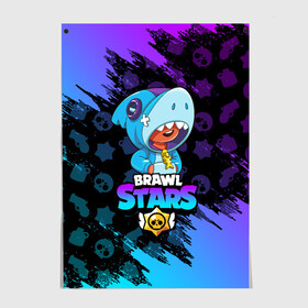 Постер с принтом BRAWL STARS LEON SHARK | ЛЕОН АКУЛА в Тюмени, 100% бумага
 | бумага, плотность 150 мг. Матовая, но за счет высокого коэффициента гладкости имеет небольшой блеск и дает на свету блики, но в отличии от глянцевой бумаги не покрыта лаком | 8 bit | 8 бит | brawl stars | bull | colt | crow | leon | leon shark | shark | stars | акула | берли | ворон | динамайк | кольт | леон | леон акула | нита | спайк | шелли | эль примо