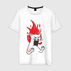 Мужская футболка хлопок с принтом Злой Кот в Тюмени, 100% хлопок | прямой крой, круглый вырез горловины, длина до линии бедер, слегка спущенное плечо. | angry | cat | fire | kitty | злой | злые | кот | котики | коты