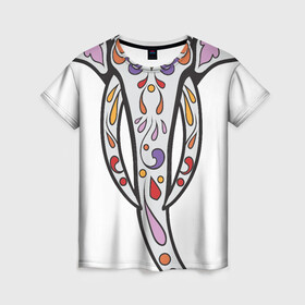 Женская футболка 3D с принтом Слон - сахарный череп в Тюмени, 100% полиэфир ( синтетическое хлопкоподобное полотно) | прямой крой, круглый вырез горловины, длина до линии бедер | day of the dead | голова слона   сахарный череп | дня мертвых | мексиканский череп | розами | сердцем. дизайн для хэллоуина | украшенный цветами