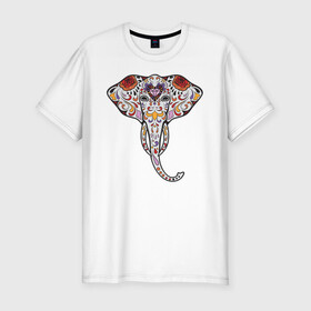 Мужская футболка хлопок Slim с принтом Слон - сахарный череп в Тюмени, 92% хлопок, 8% лайкра | приталенный силуэт, круглый вырез ворота, длина до линии бедра, короткий рукав | day of the dead | голова слона   сахарный череп | дня мертвых | мексиканский череп | розами | сердцем. дизайн для хэллоуина | украшенный цветами