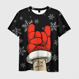 Мужская футболка 3D с принтом Рок Дед Мороз в Тюмени, 100% полиэфир | прямой крой, круглый вырез горловины, длина до линии бедер | Тематика изображения на принте: happy new year | santa | дед мороз | каникулы | мороз | новогодний свитер | новый год | оливье | праздник | рождество | санта клаус | свитер новогодний | снег | снегурочка | снежинки