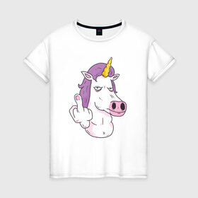 Женская футболка хлопок с принтом Злой Единорог в Тюмени, 100% хлопок | прямой крой, круглый вырез горловины, длина до линии бедер, слегка спущенное плечо | angry | angry unicorn | unicorn | единорог | злой | злой единорог | радуга