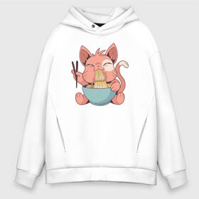 Мужское худи Oversize хлопок с принтом Cat Ramen в Тюмени, френч-терри — 70% хлопок, 30% полиэстер. Мягкий теплый начес внутри —100% хлопок | боковые карманы, эластичные манжеты и нижняя кромка, капюшон на магнитной кнопке | Тематика изображения на принте: cat | ramen | кот | котики | кошка | рамен | рамэн