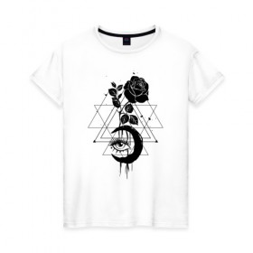 Женская футболка хлопок с принтом Луна роза в Тюмени, 100% хлопок | прямой крой, круглый вырез горловины, длина до линии бедер, слегка спущенное плечо | abstract | abstraction | moon | rose | абстракция | женские | луна | роза
