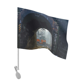 Флаг для автомобиля с принтом Трамвай в Тюмени, 100% полиэстер | Размер: 30*21 см | rails | railway | tram | trees | tunnel | деревья | железная дорога | рельсы | тоннель | трамвай