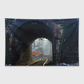 Флаг-баннер с принтом Трамвай в Тюмени, 100% полиэстер | размер 67 х 109 см, плотность ткани — 95 г/м2; по краям флага есть четыре люверса для крепления | rails | railway | tram | trees | tunnel | деревья | железная дорога | рельсы | тоннель | трамвай
