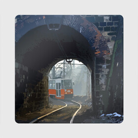Магнит виниловый Квадрат с принтом Трамвай в Тюмени, полимерный материал с магнитным слоем | размер 9*9 см, закругленные углы | rails | railway | tram | trees | tunnel | деревья | железная дорога | рельсы | тоннель | трамвай