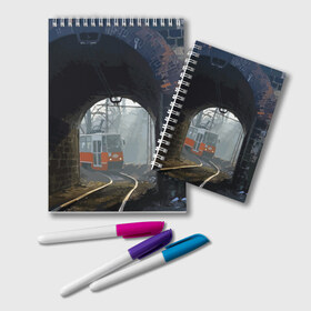Блокнот с принтом Трамвай в Тюмени, 100% бумага | 48 листов, плотность листов — 60 г/м2, плотность картонной обложки — 250 г/м2. Листы скреплены удобной пружинной спиралью. Цвет линий — светло-серый
 | Тематика изображения на принте: rails | railway | tram | trees | tunnel | деревья | железная дорога | рельсы | тоннель | трамвай