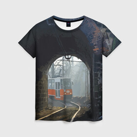 Женская футболка 3D с принтом Трамвай в Тюмени, 100% полиэфир ( синтетическое хлопкоподобное полотно) | прямой крой, круглый вырез горловины, длина до линии бедер | rails | railway | tram | trees | tunnel | деревья | железная дорога | рельсы | тоннель | трамвай