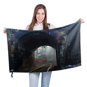Флаг 3D с принтом Трамвай в Тюмени, 100% полиэстер | плотность ткани — 95 г/м2, размер — 67 х 109 см. Принт наносится с одной стороны | rails | railway | tram | trees | tunnel | деревья | железная дорога | рельсы | тоннель | трамвай
