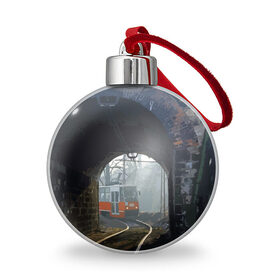 Ёлочный шар с принтом Трамвай в Тюмени, Пластик | Диаметр: 77 мм | rails | railway | tram | trees | tunnel | деревья | железная дорога | рельсы | тоннель | трамвай