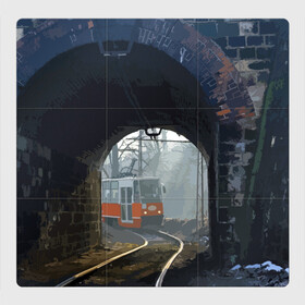 Магнитный плакат 3Х3 с принтом Трамвай в Тюмени, Полимерный материал с магнитным слоем | 9 деталей размером 9*9 см | rails | railway | tram | trees | tunnel | деревья | железная дорога | рельсы | тоннель | трамвай