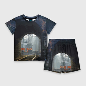 Детский костюм с шортами 3D с принтом Трамвай в Тюмени,  |  | rails | railway | tram | trees | tunnel | деревья | железная дорога | рельсы | тоннель | трамвай