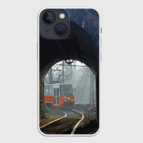 Чехол для iPhone 13 mini с принтом Трамвай в Тюмени,  |  | rails | railway | tram | trees | tunnel | деревья | железная дорога | рельсы | тоннель | трамвай