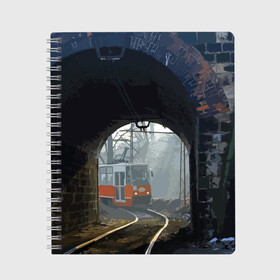 Тетрадь с принтом Трамвай в Тюмени, 100% бумага | 48 листов, плотность листов — 60 г/м2, плотность картонной обложки — 250 г/м2. Листы скреплены сбоку удобной пружинной спиралью. Уголки страниц и обложки скругленные. Цвет линий — светло-серый
 | rails | railway | tram | trees | tunnel | деревья | железная дорога | рельсы | тоннель | трамвай