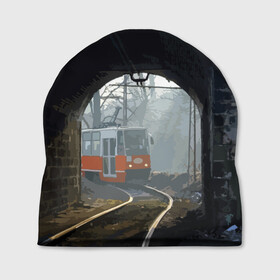 Шапка 3D с принтом Трамвай в Тюмени, 100% полиэстер | универсальный размер, печать по всей поверхности изделия | rails | railway | tram | trees | tunnel | деревья | железная дорога | рельсы | тоннель | трамвай